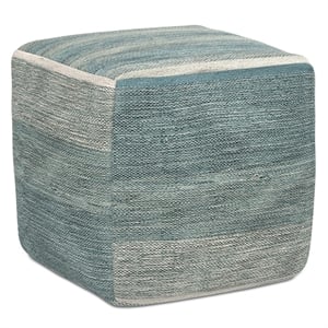 Simpli Home Naya Boho Cube Pouf in Blue Melange Cotton