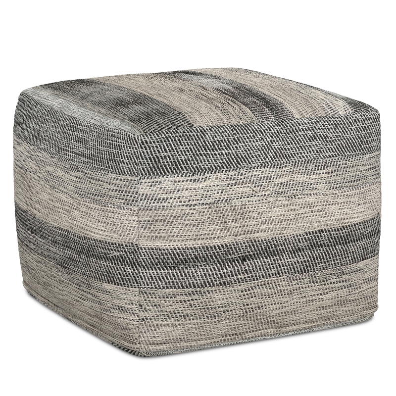 Simpli Home Clay Boho Square Pouf in Gray Melange Cotton