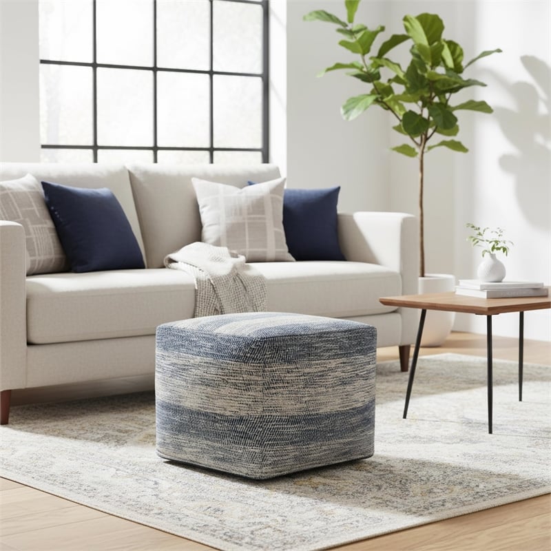 Simpli Home Clay Boho Square Pouf in Patterened Teal Melange Cotton