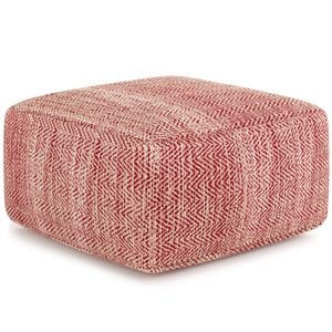 Simpli Home Nate Boho Square Pouf in Patterned Maroon Melange Cotton