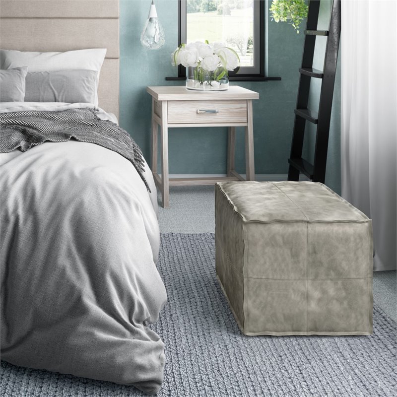 Simpli Home Brody Boho Square Pouf in Distressed Gray Faux Leather