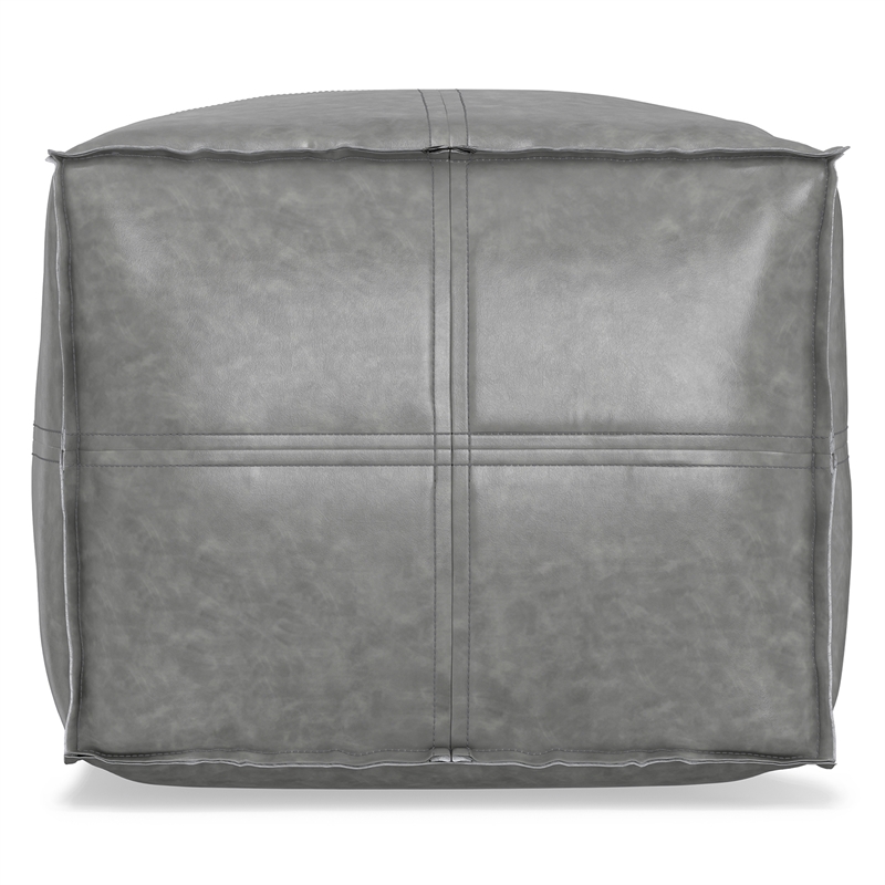 Simpli Home Brody Boho Square Pouf in Distressed Gray Faux Leather