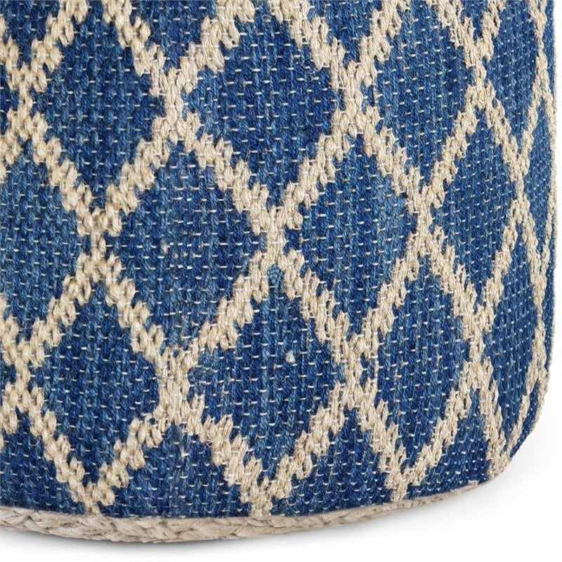 Simpli Home Edgeley Boho Round Pouf in Classic Blue and Natural Woven Braided Jute