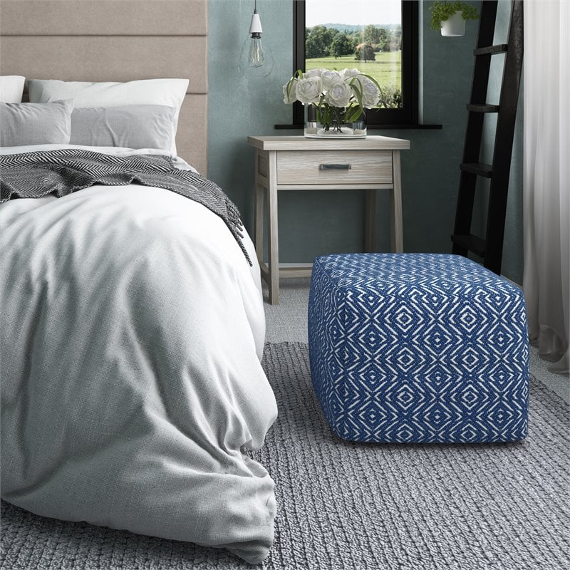 Simpli Home Graham Boho Square Pouf in Patterened Blue and Natural Cotton