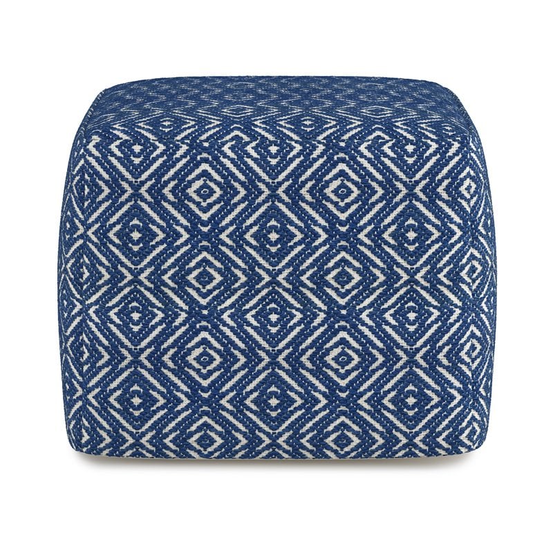 Simpli Home Graham Boho Square Pouf in Patterened Blue and Natural Cotton