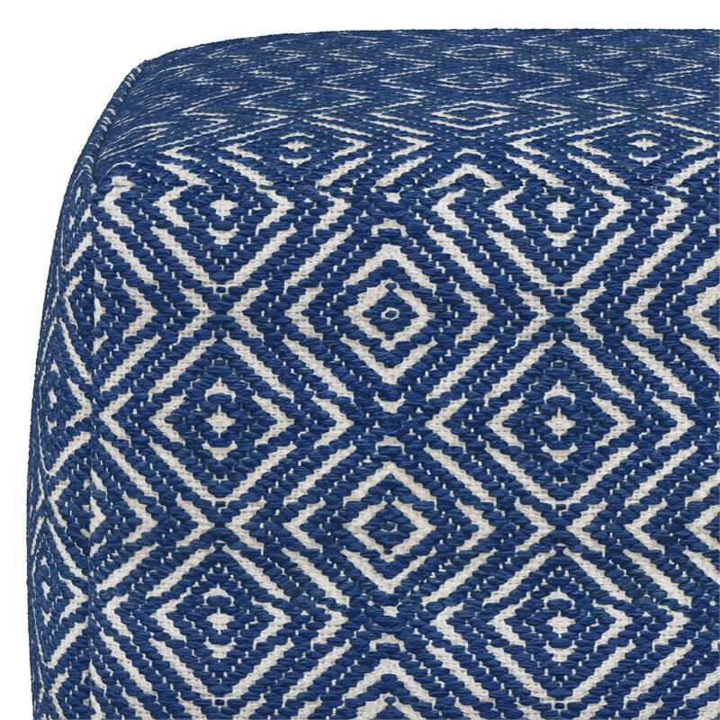 Simpli Home Graham Boho Square Pouf in Patterened Blue and Natural Cotton