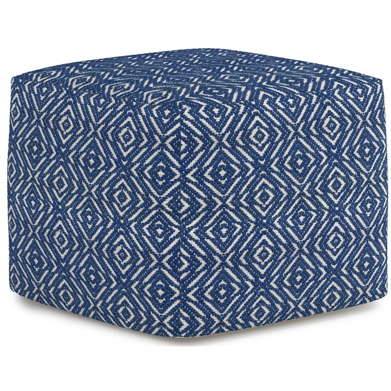 Simpli Home Graham Boho Square Pouf in Patterened Blue and Natural Cotton