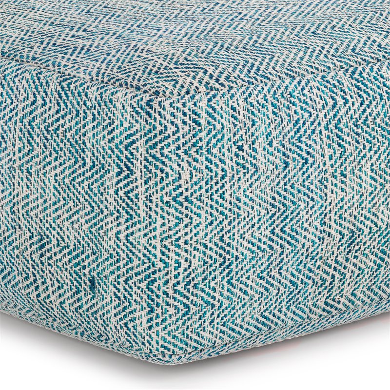 Simpli Home Nate Boho Square Pouf in Patterned Teal Melange Cotton