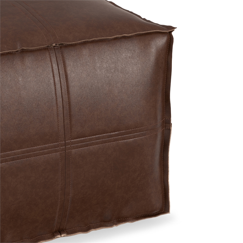 Simpli Home Brody Boho Square Pouf in Distressed Dark Brown Faux Leather