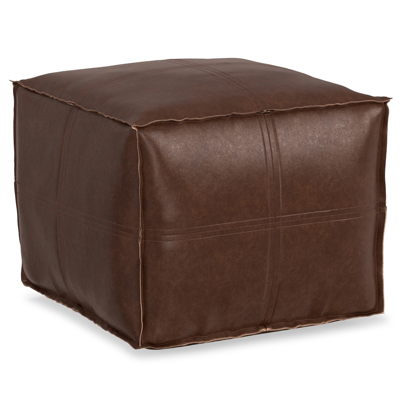 Simpli Home Brody Boho Square Pouf in Distressed Dark Brown Faux Leather