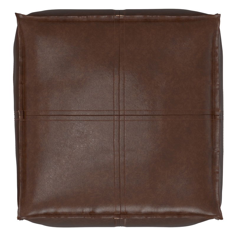 Simpli Home Brody Boho Square Pouf in Distressed Dark Brown Faux Leather