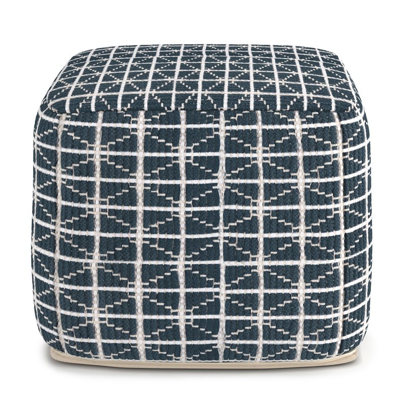Simpli Home Noreen Boho Square Pouf in Dark Blue and White Handloom Woven Pattern