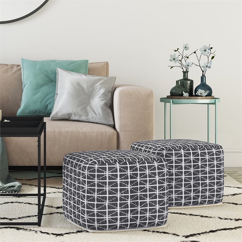 Simpli Home Noreen Boho Square Pouf in Slate Gray and White Handloom Woven Pattern