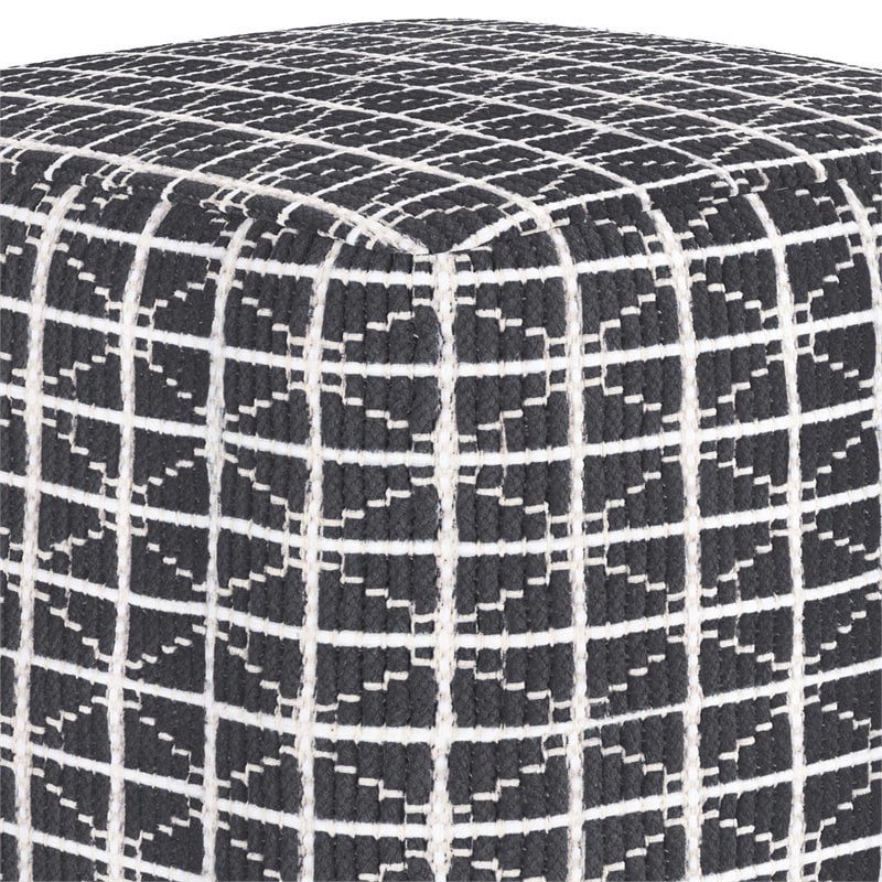 Simpli Home Noreen Boho Square Pouf in Slate Gray and White Handloom Woven Pattern