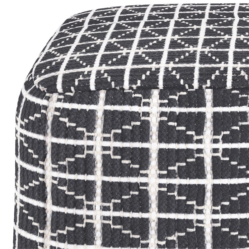 Simpli Home Noreen Boho Square Pouf in Slate Gray and White Handloom Woven Pattern