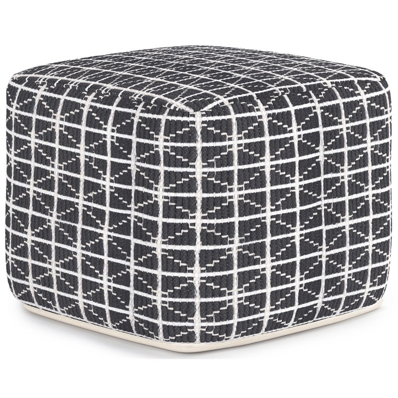 Simpli Home Noreen Boho Square Pouf in Slate Gray and White Handloom Woven Pattern
