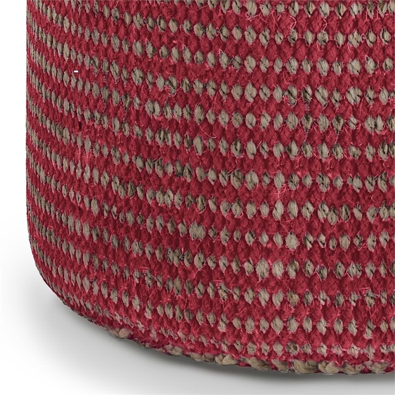 Simpli Home Larissa Boho Round Braided Pouf in Natural and Maroon Jute