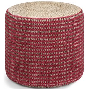 Simpli Home Larissa Boho Round Braided Pouf in Natural and Maroon Jute