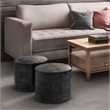 Simpli Home Connor Boho Round Pouf in Distressed Black Genuine Leather