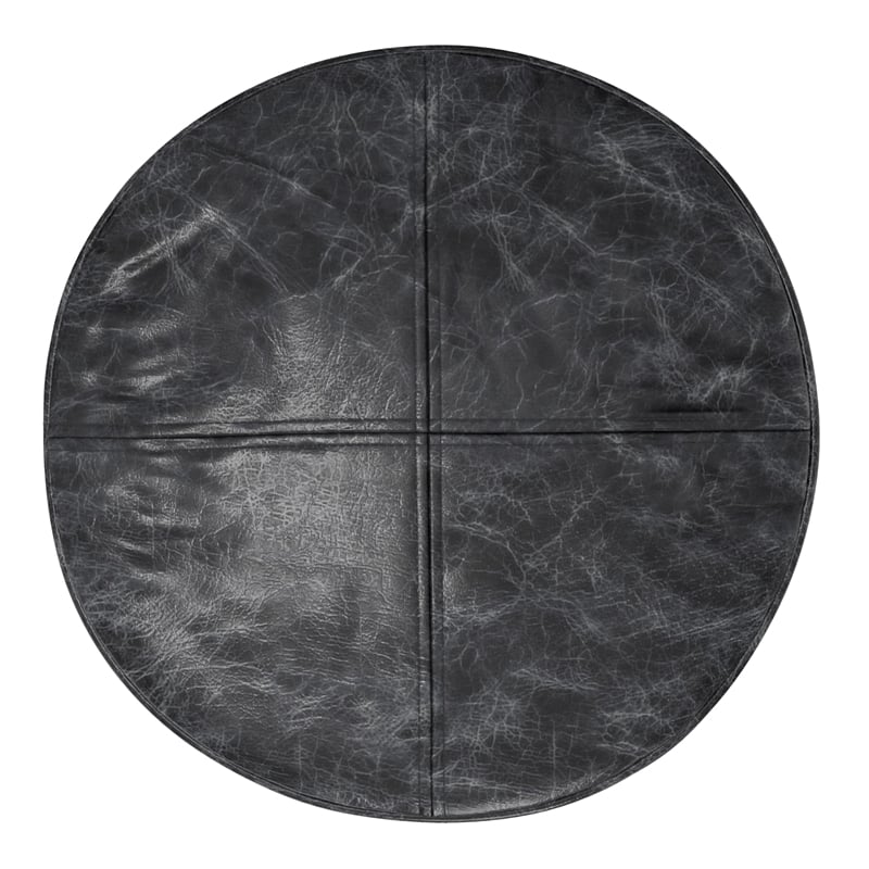 Simpli Home Connor Boho Round Pouf in Distressed Black Genuine Leather