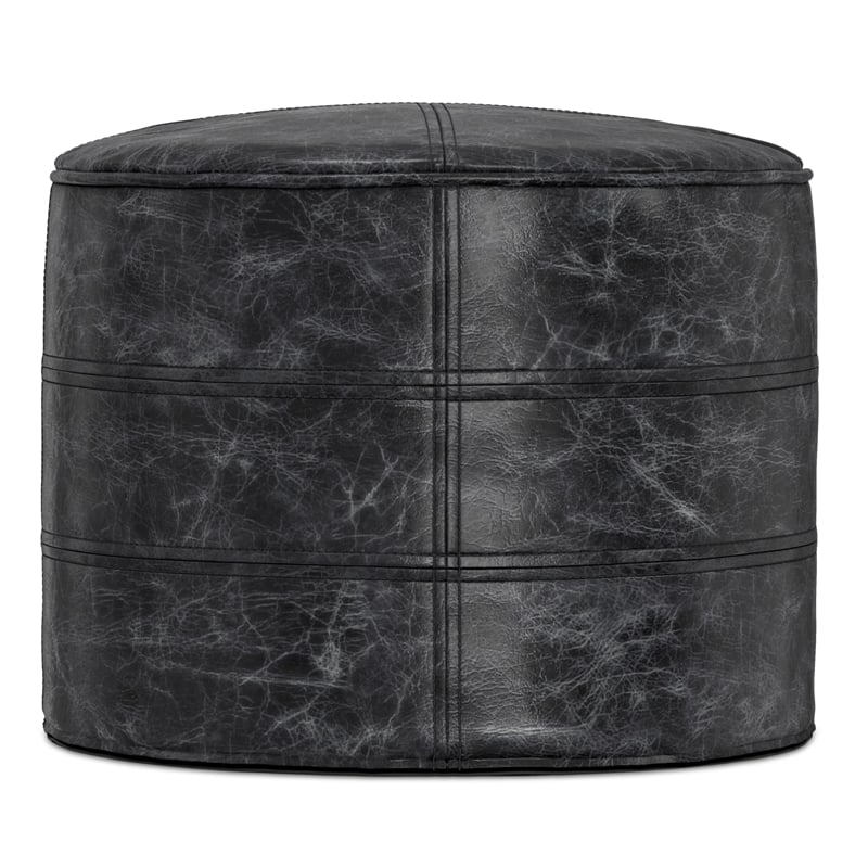 Simpli Home Connor Boho Round Pouf in Distressed Black Genuine Leather