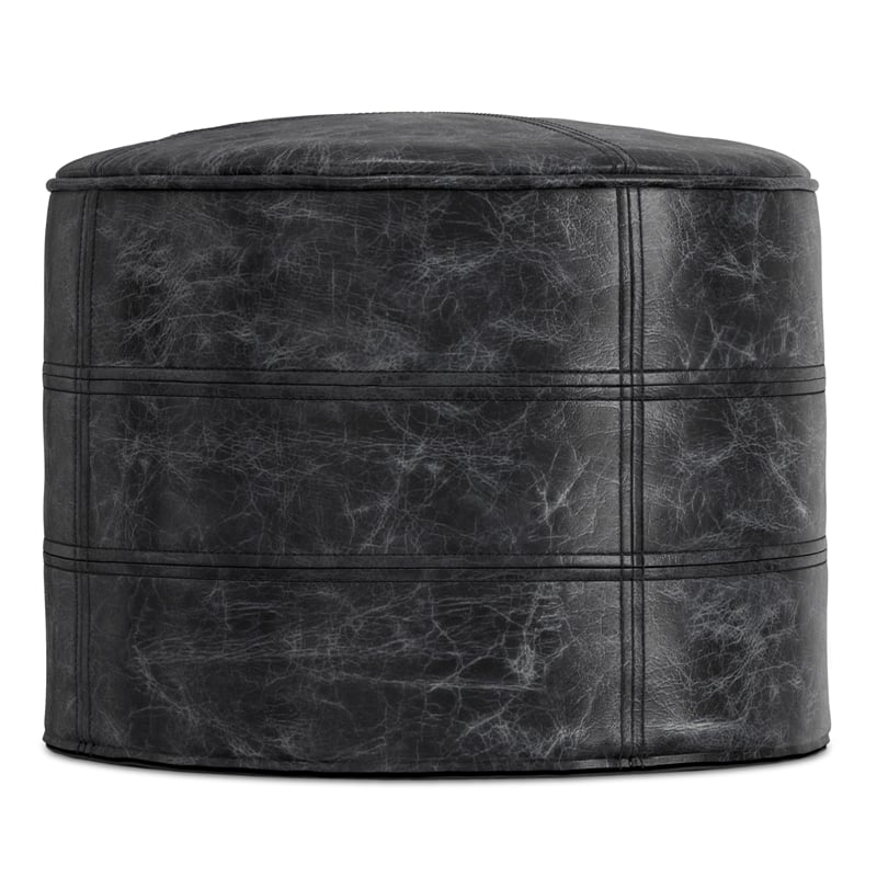 Simpli Home Connor Boho Round Pouf in Distressed Black Genuine Leather
