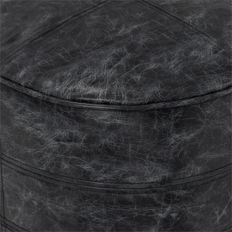 Simpli Home Connor Boho Round Pouf in Distressed Black Genuine Leather