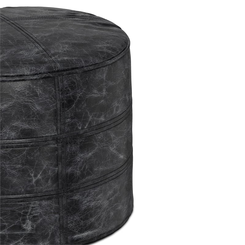 Simpli Home Connor Boho Round Pouf in Distressed Black Genuine Leather