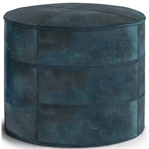 simpli home connor boho round pouf in distressed teal blue genuine leather