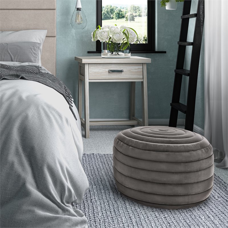 Simpli Home Vivienne Boho Round Pouf in Gray Velvet Fabric