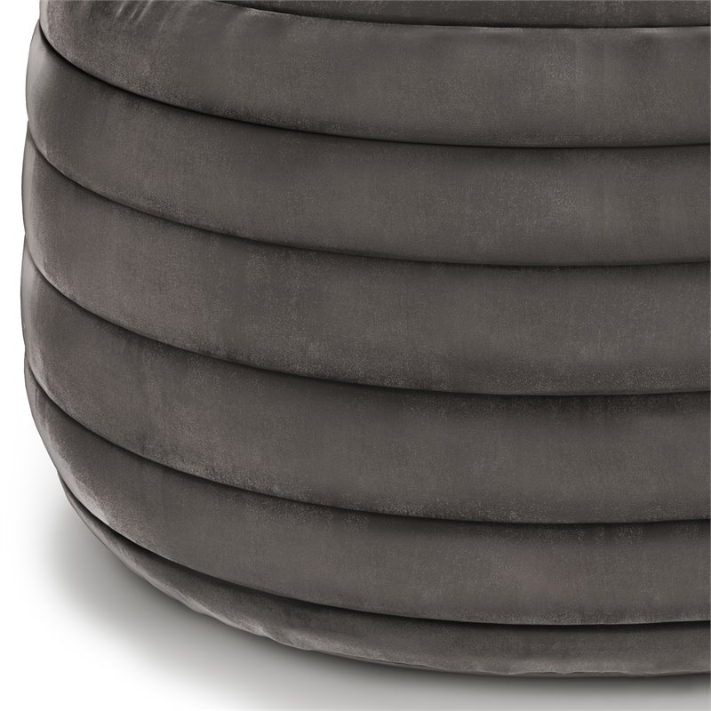 Simpli Home Vivienne Boho Round Pouf in Gray Velvet Fabric