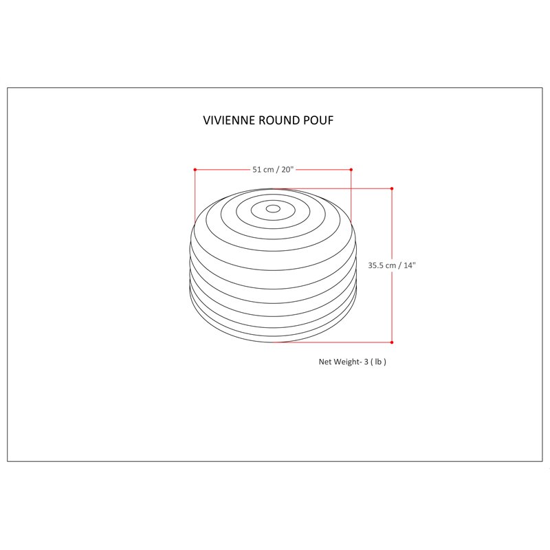 Simpli Home Vivienne Boho Round Pouf in Gray Velvet Fabric