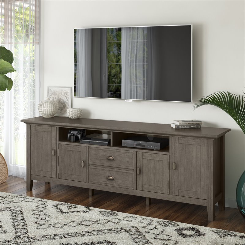 Simpli Home Redmond Wood 72" Transitional TV Media Stand in Farmhouse Gray For TVs up to 80