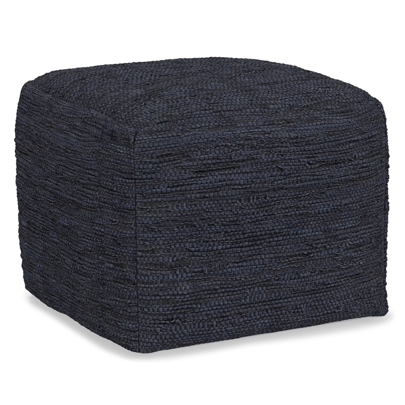 Simpli Home Fredrik Boho Square Pouf in Dark Blue Woven Genuine Leather