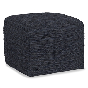 Simpli Home Fredrik Boho Square Pouf in Dark Blue Woven Genuine Leather