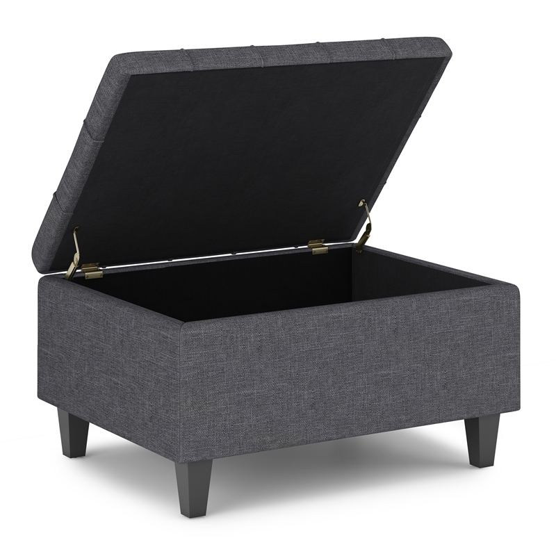 Simpli Home Harrison Small Coffee Table Storage Ottoman in Slate Gray Linen Look