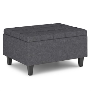 Simpli Home Harrison Small Coffee Table Storage Ottoman in Slate Gray Linen Look