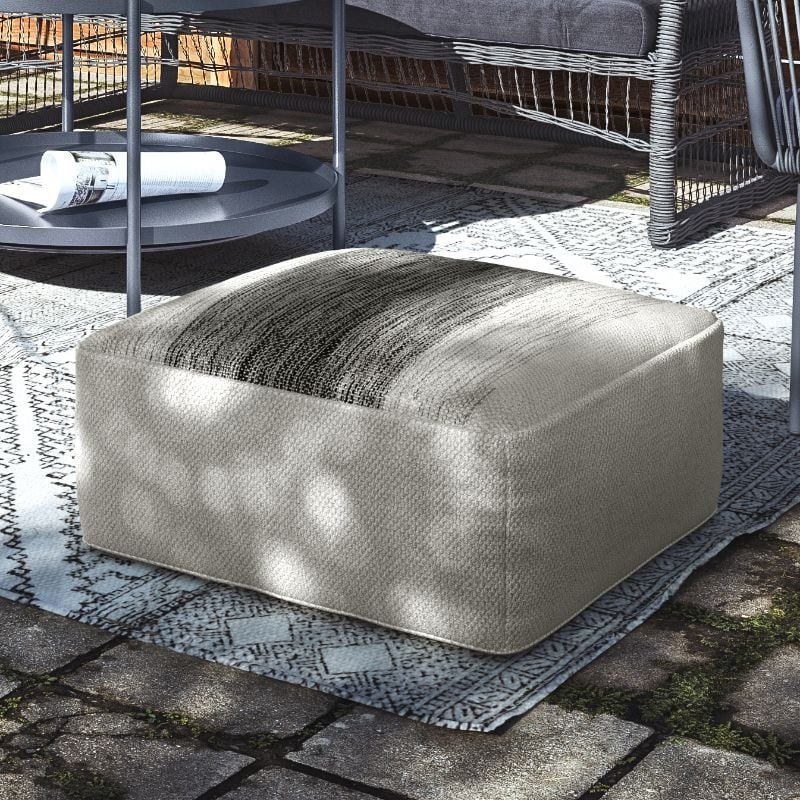 Simpli Home Sabella 20 inch Wide Boho Square Pouf in Gray & White PET Polyester