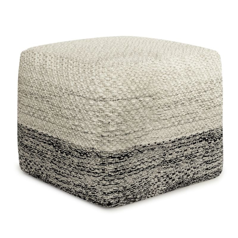 Simpli Home Macie 18 inch Wide Boho Square Pouf in Gray and White PET Polyester