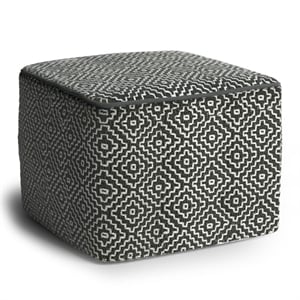 Simpli Home Briella 18&quotWD Boho Square Pouf in Gray and White PET Woven Polyester