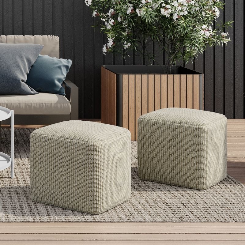 Simpli Home Zelma 18 inch Wide Boho Square Pouf in Cream & Natural PET Polyester
