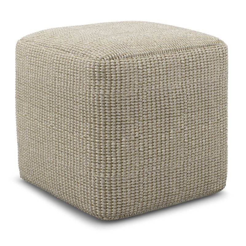 Simpli Home Zelma 18 inch Wide Boho Square Pouf in Cream & Natural PET Polyester