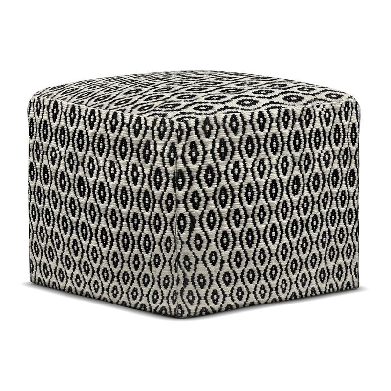 Simpli Home Kiana Boho Square Woven Pouf in Black and White
