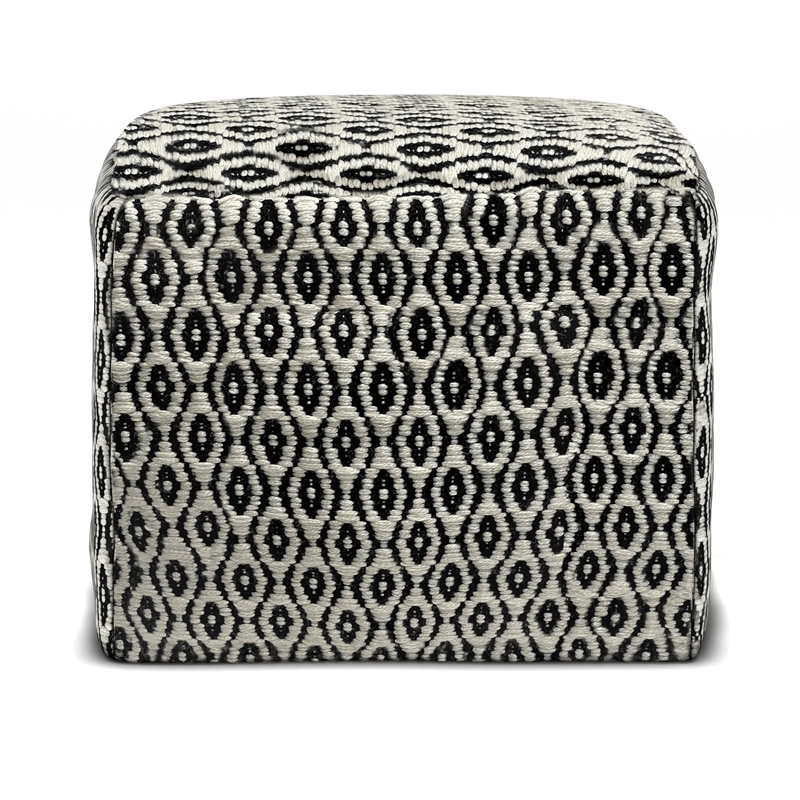 Simpli Home Kiana Boho Square Woven Pouf in Black and White