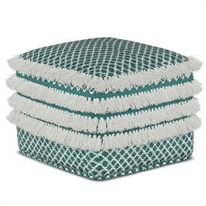 Simpli Home Leah Boho Square Woven Pouf in Turquoise and White