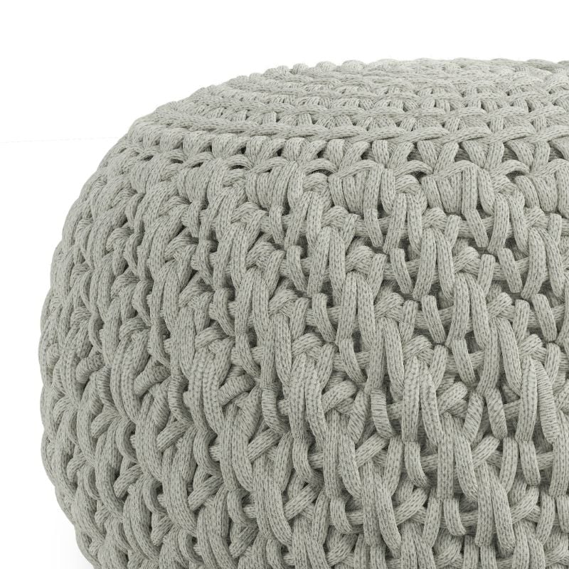 Simpli Home Nisi Boho Round Knitted Pouf in Light Gray Recycled PET Polyester