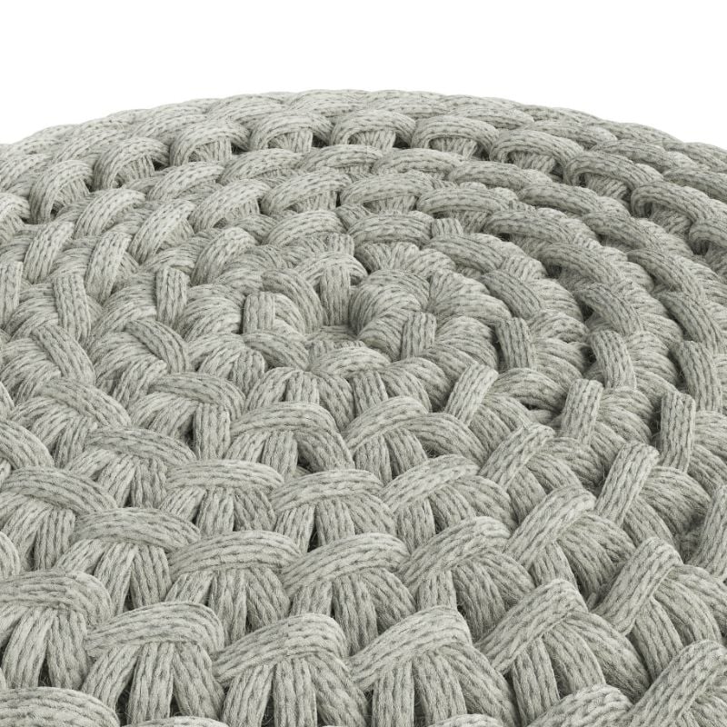 Simpli Home Nisi Boho Round Knitted Pouf in Light Gray Recycled PET Polyester