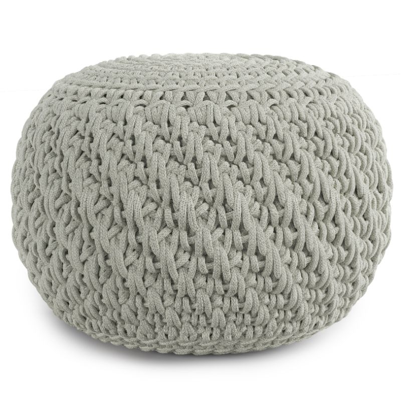Simpli Home Nisi Boho Round Knitted Pouf in Light Gray Recycled PET Polyester