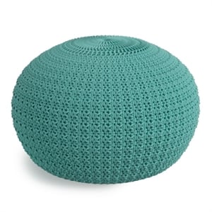 Simpli Home Sonata Boho Round Knitted  Pouf in Aqua Recycled PET Polyester