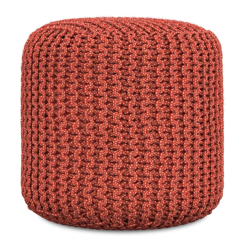 Simpli Home Wynne 18 inch Wide Boho Round Knitted Pouf in Orange PET Polyester